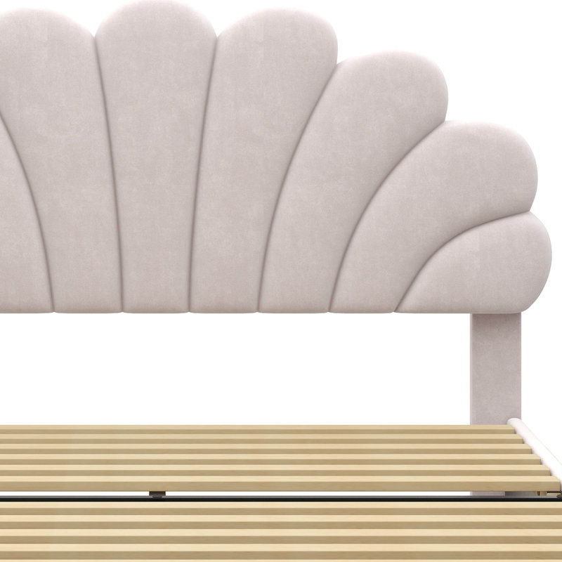 Lit plateforme tapissier avec tête de lit en velours à motif floral, Beige, Double