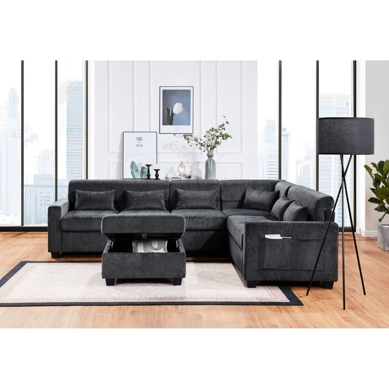 Grey Chenille Sectional With Adjustable Back Support, Charging Ports, Side Pockets, , , Pillows , Pillows, Throw