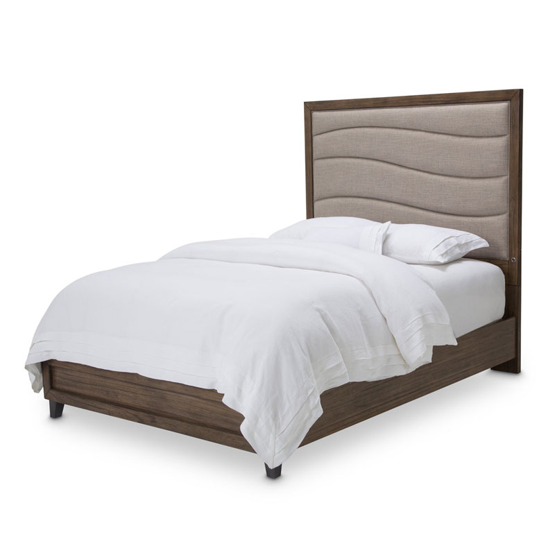King Dark Brown Acacia Wood Upholstered Bed with Cream Headboard