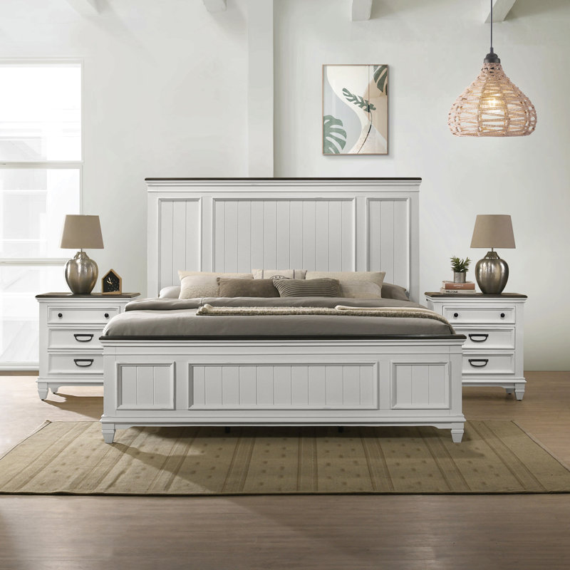 Ensemble de chambre à coucher en bois 3 pièces, très grand lit à panneaux et 2 tables de chevet, Très grand lit 