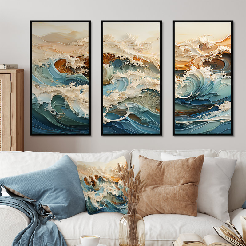 «Japon tempête», art liquide - ensemble d'art mural tempêtes, Cadre flottant noir, H 40 po x l 60 po x P 1 po
