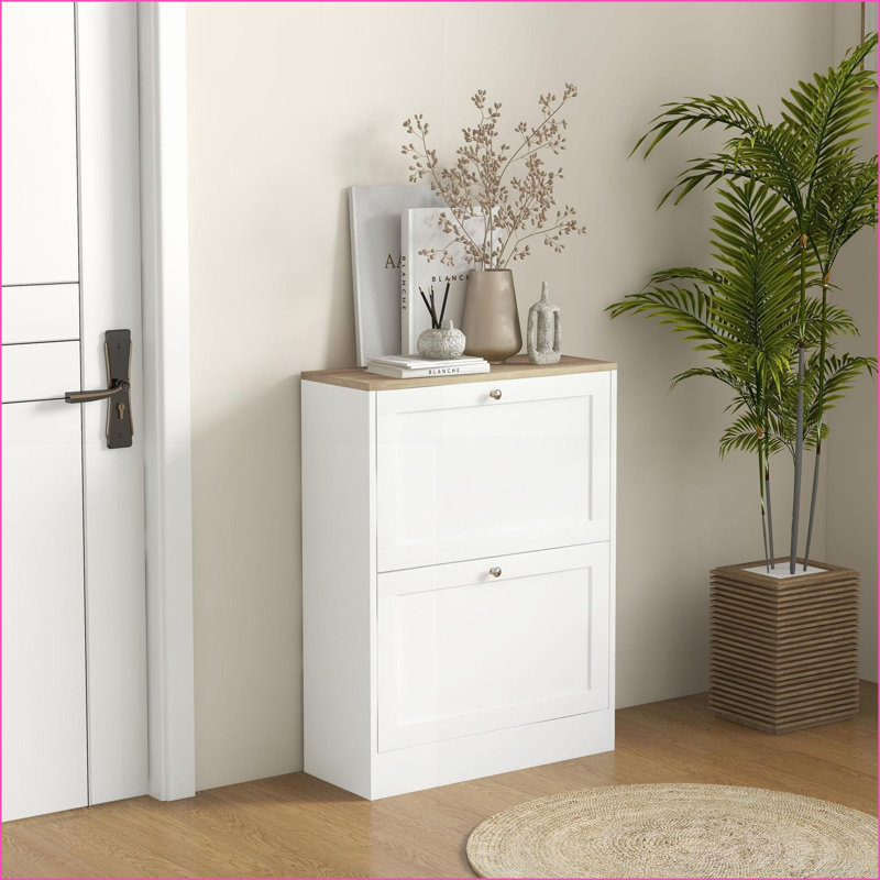 Cabinets Slim Modern Entryway Shoe Storage with 2 Flip Drawers, Adjustable Shelves, Holds 12 Pairs | Off-White | Particle Board