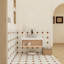 Meuble-lavabo flottant avec lavabo vasque en marbre veiné, fixation murale avec tablette ouverte, conception moderne peu encombrante-341079768-341079773