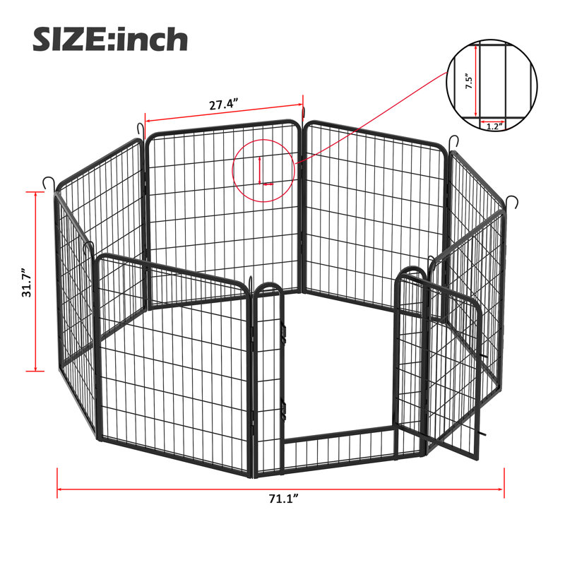 Enclos d'exercice en fer 8 panneaux avec porte, H 31,7 po x l 71,1 po