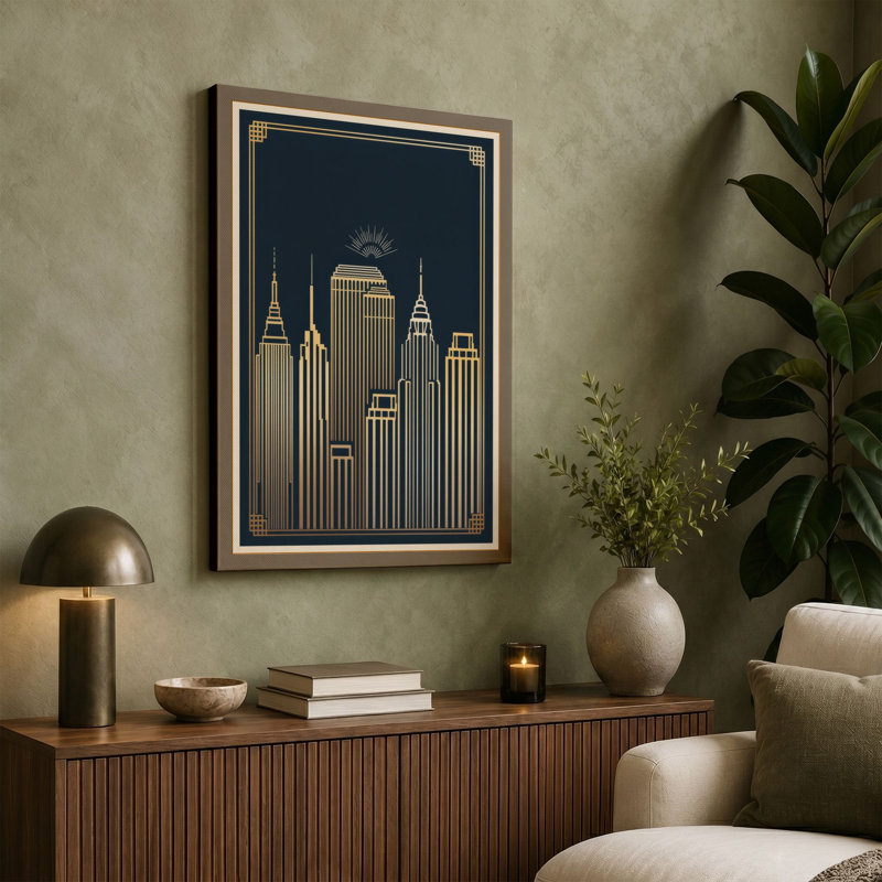 New York Skyline Art Deco - Wrapped Canvas, 36x24 - 91.4 x 61.0 cm, Cream Border