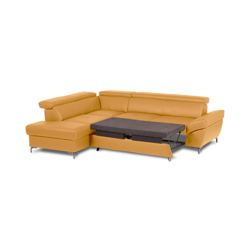 CAPRI Genuine Leather Corner Sofa with Pull-Out Bed and Storage and Adjustable Headrests, Left Hand Facing, Yellow