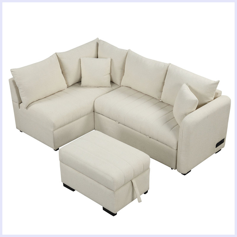 L-shaped Sectional Pull Out Sofa Bed Sleeper Sofa with Two USB Ports, Two Power Sockets and a Movable Storage Ottoman