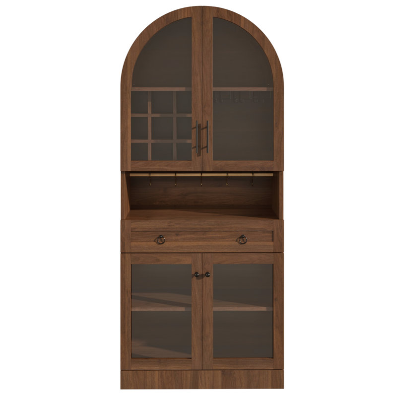 Armoire de bar 70 po de hauteur avec portes en verre trempé, 9 porte-bouteilles, grand tiroir, tablette réglable, porte-verres et armoire à café