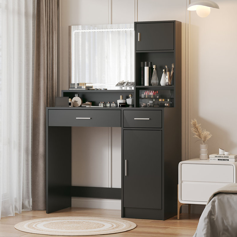 Bureau de coiffeuse avec miroir et bande lumineuse à DEL, coiffeuse avec grand tiroir, commode de rangement à 3 niveaux et 3 modes d'éclairage à luminosité réglable, convient à la chambre à coucher