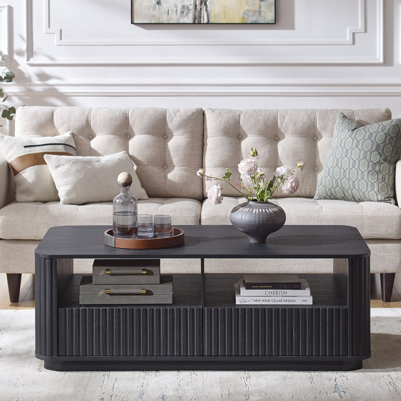 Table basse cannelée l 52 po avec tablette ouverte et 2 tiroirs, Black