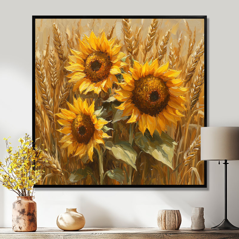 Art mural sur toile Dorell Sunflowers In The Wheat Barnyard, Impression encadrée flottante, Noir, noir, noir, noir