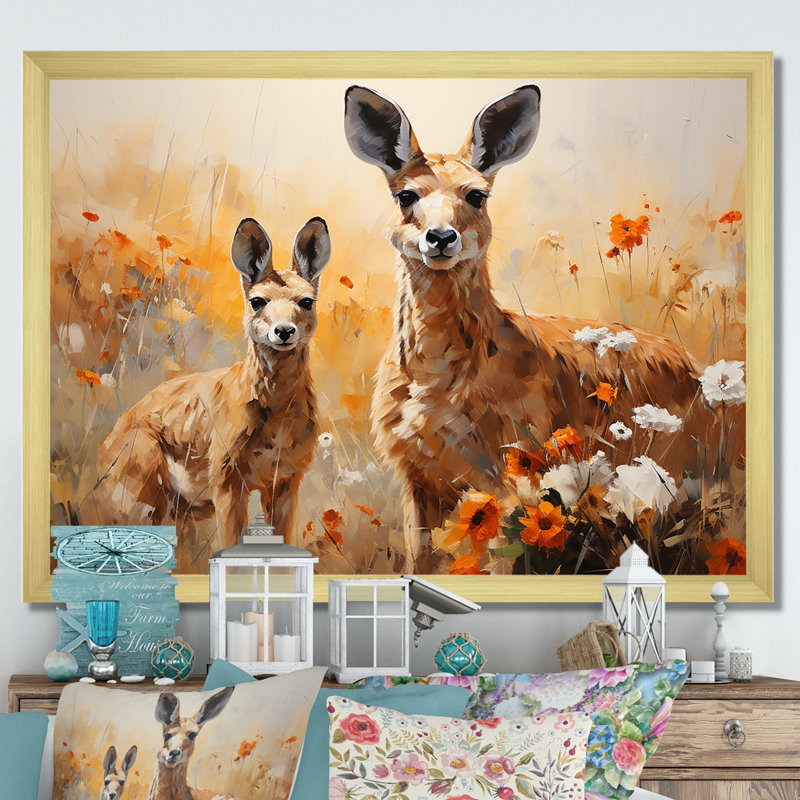 «Kangaroo Golden Blooms Outback» sur toile, Cadre doré simple, H 30 po x l 40 po x P 1,5 po