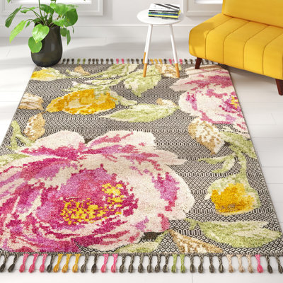 Madhava Hand Knotted Wool/Cotton Floral Rug in Black/Yellow/Pink