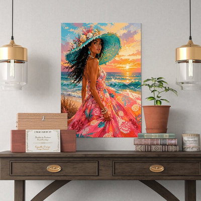 Canvas Wall Art Women Floral Maxi Dress And Straw Hat Beach Sunset Vintage Poster Print Home Decor