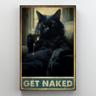 «Black Cat Drink Wine Get Nake», impression sur toile rectangulaire 1 pièce