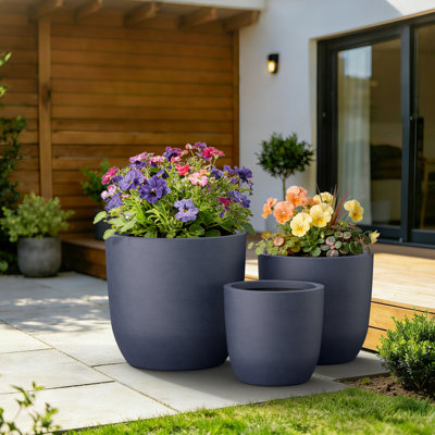 3-Piece Weather Resistant Concrete Planter Set, 13/16.5/20 Inch Indoor & Outdoor Use, Charcoal Gray