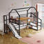 Lit mezzanine avec glissade et escalier House, lit en métal avec tablettes de rangement, conception silencieuse et garde-corps complets-450544628-447651265