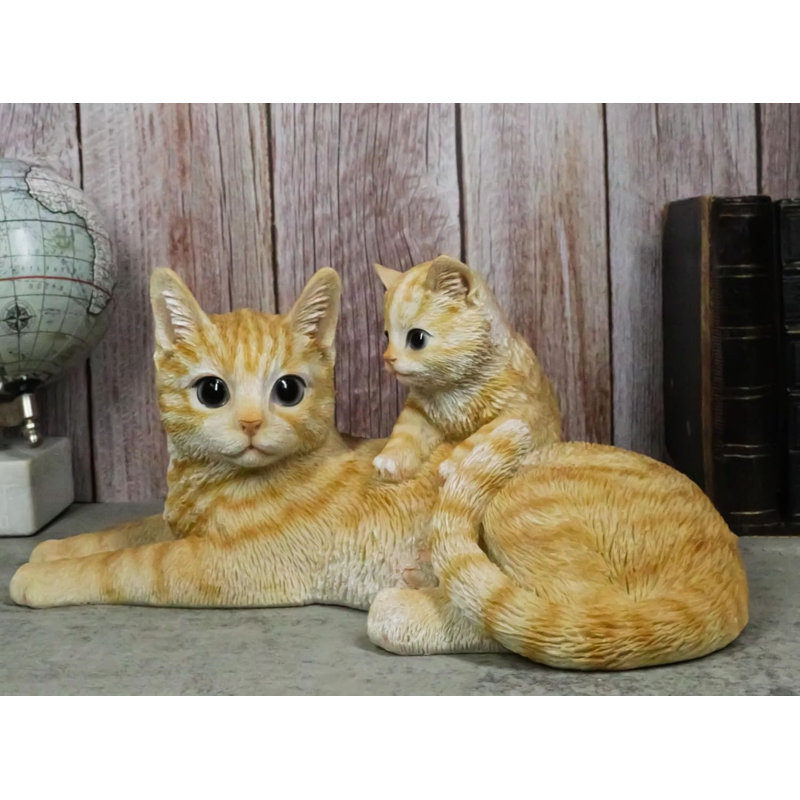 Figurine réaliste de chat tigré orange félin avec un chaton mignon L 12 po