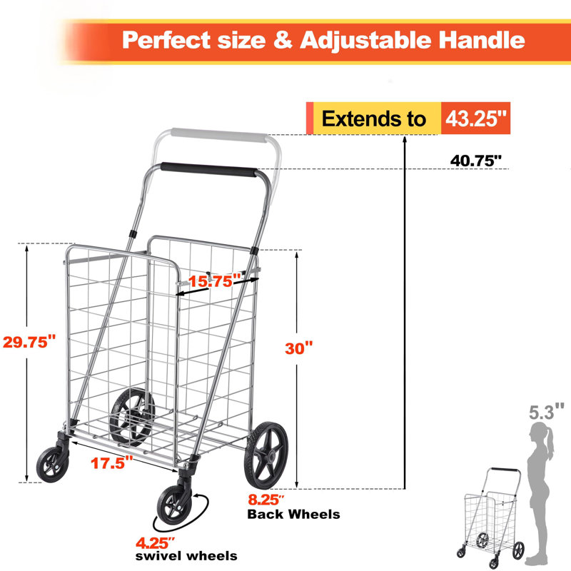 Shopping Cart With Adjustable Handle And Swivel Wheels, Heavy Duty Foldable And Collapsible Utility Cart