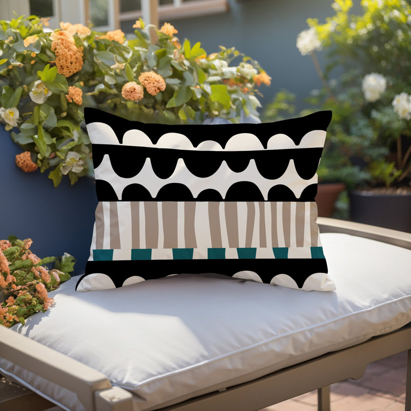 Coussin rectangulaire intérieur / extérieur Rami, Émeraude / noir / blanc cassé, H 14 po x l 20 po