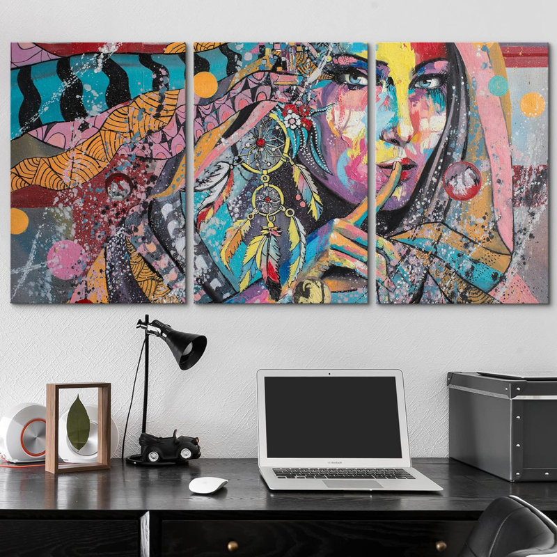 Rainbow Tribal Woman & Dream Catcher Talisman People Fashion Modern Art Scenic 3 pièces, Toile tendue