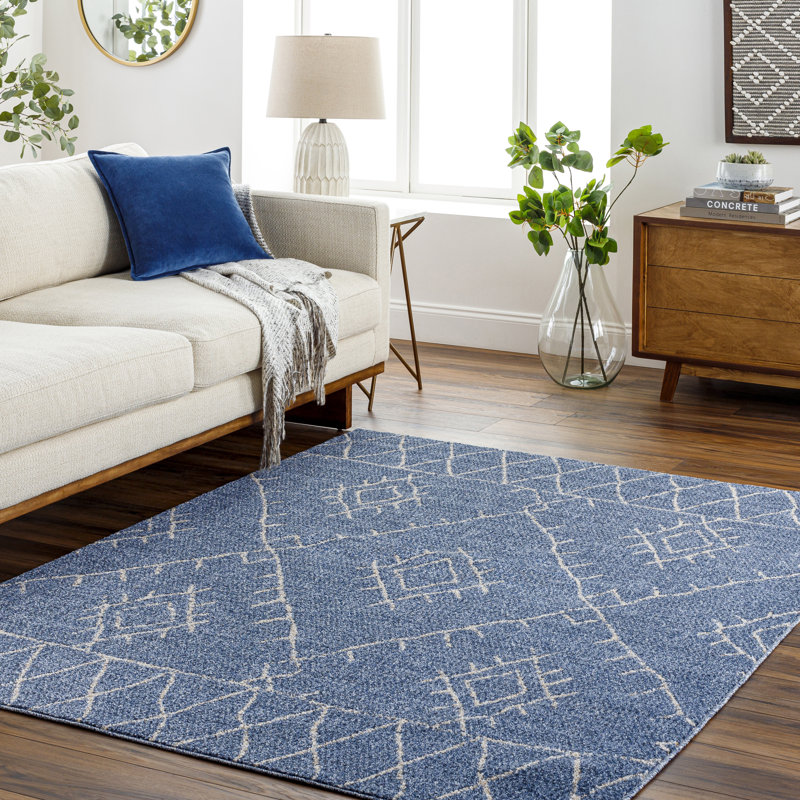 Geometric Machine Woven Area Rug in Blue, Rectangle 7'10" x 10'