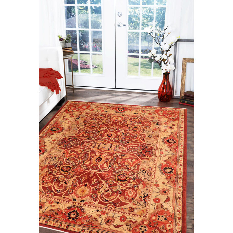 Tapis rouge / brun clair en laine noué à la main 8 pi 1 po x 9 pi 6 po Dorn