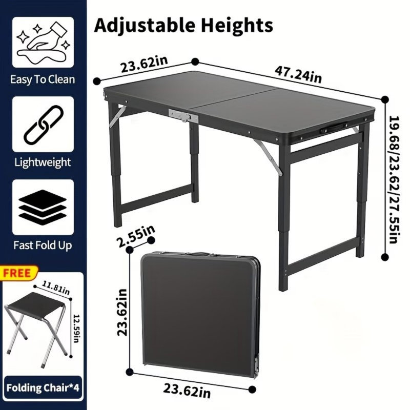 Ensemble de table pliante portative et 4 chaises, table de pique-nique légère, bureau de salle à manger pliable, table de camping pour la fête, extérieur (noir, 47,2 po)