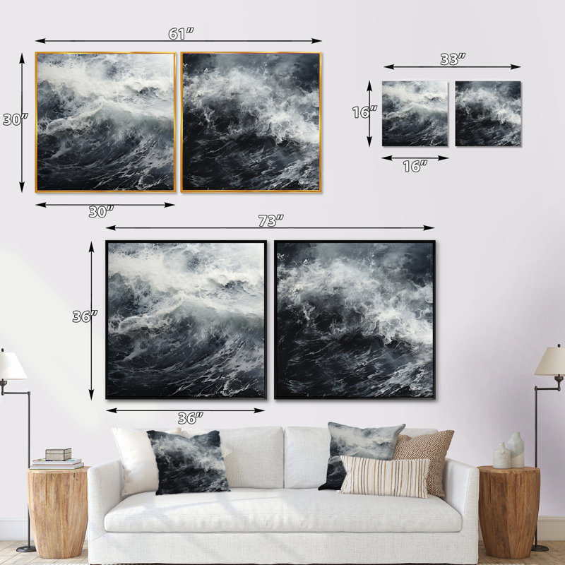 Tempête de vagues noires et blanches - ensemble de 2 carrés carrés, Cadre flottant noir, H 16 po x l 33 po