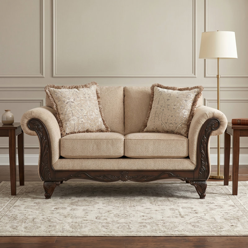 Halima Carved Wood Frame Loveseat, Beige Wheat