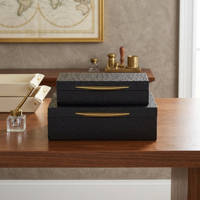 Canorus Faux Ostritch Pattern Rectangular Box Set - Black, Black