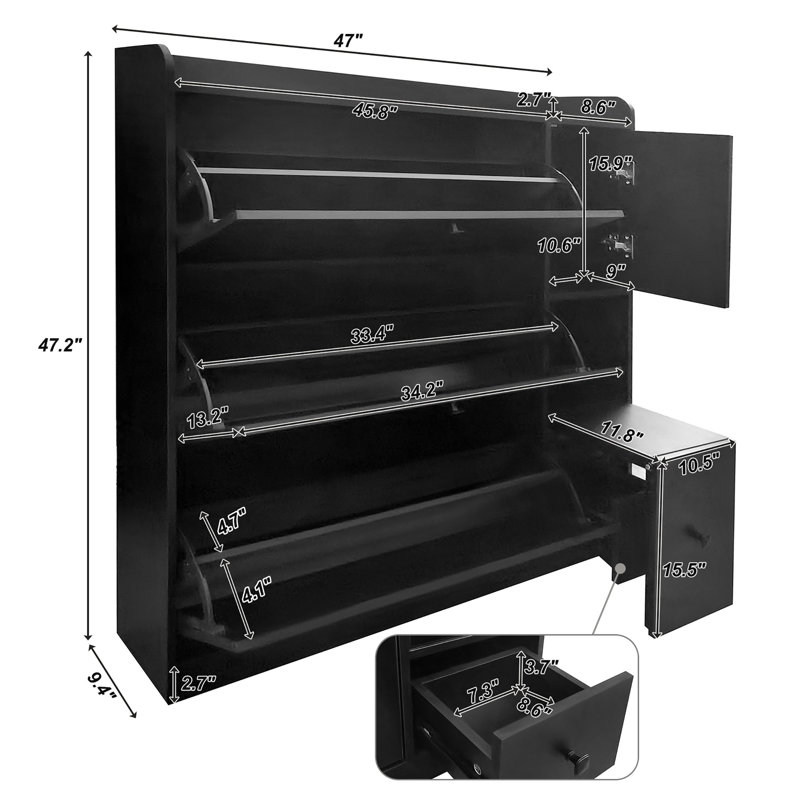 Versatile Shoe Cabinet With 3 Flip Drawers, Noir