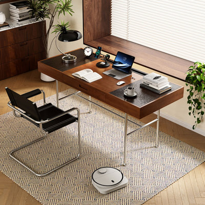 Brown+Black+Silver Rectangular Solid Wood+Glass+Stainless Steel desks