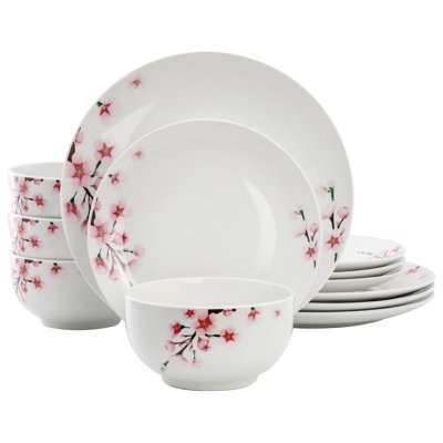 Tamara 12 Piece Cherry Blossom Porcelain Dinnerware Set, Service for 4 in White and Pink
