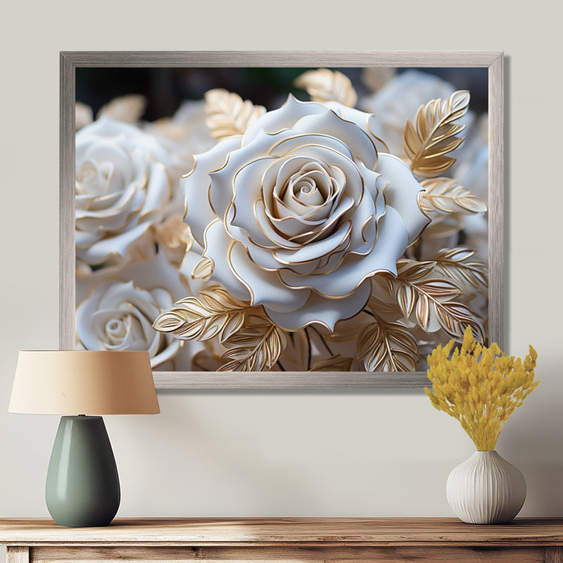 «White and Gold Rose Passion - Roses», reproduction sur toile encadrée, H 24 po x l 32 po x P 1 po, Cadre simple argenté