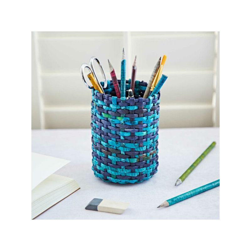 Round Recycled Newspaper Pencil Holder, Blue