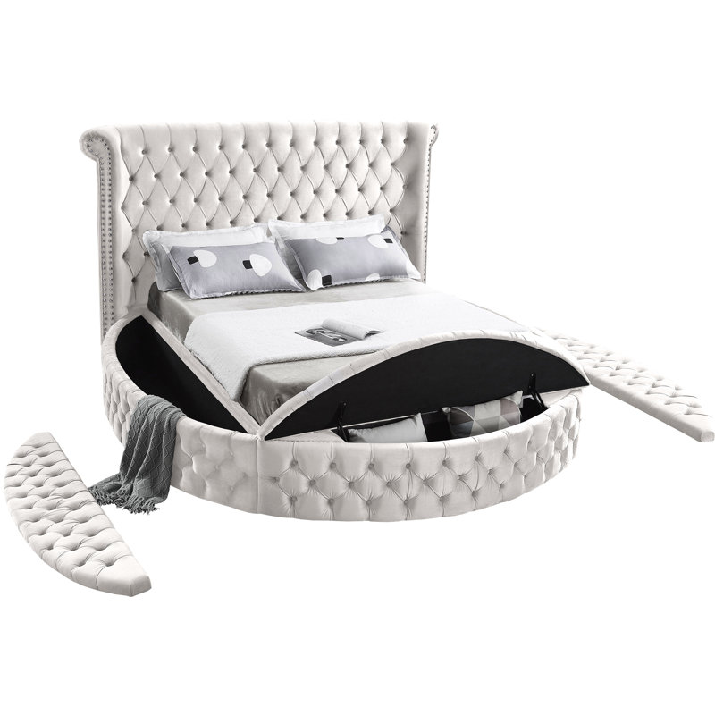 Lit plateforme tapissier avec rangement capitonné Dorgan, Velours crème, Grand