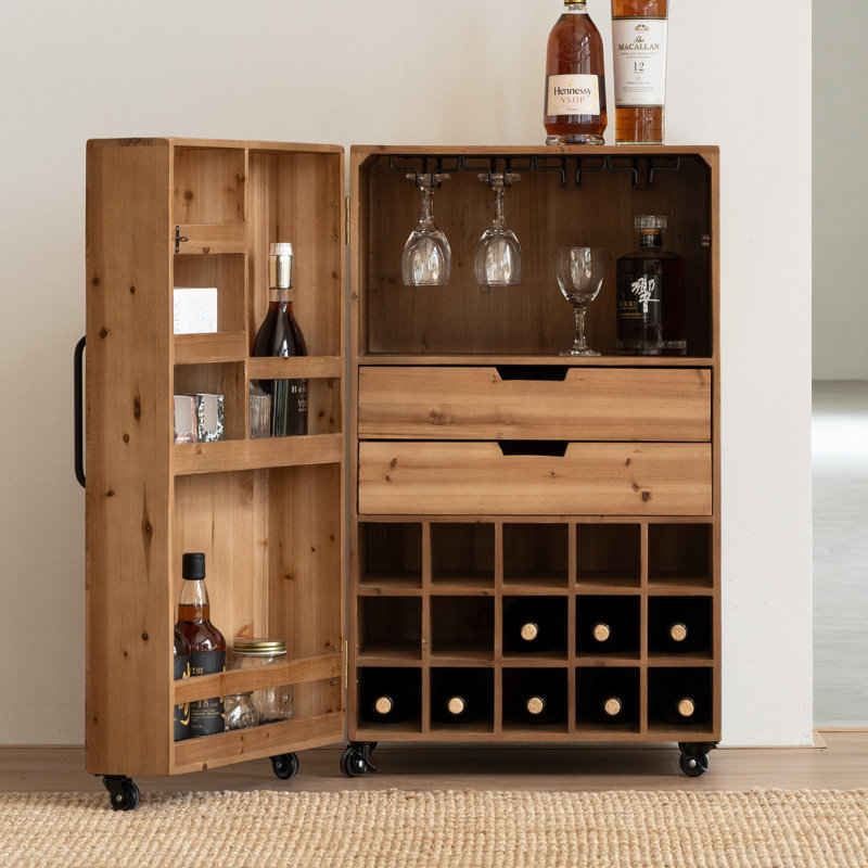Wood Mobile Wine Cabinet with Drawers, Rolling Bar Cart with Glass Rack & 15-Bottle Wine Storage