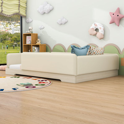 Upholstered Montessori Floor Bed with Removable Guardrails and Rounded Edges