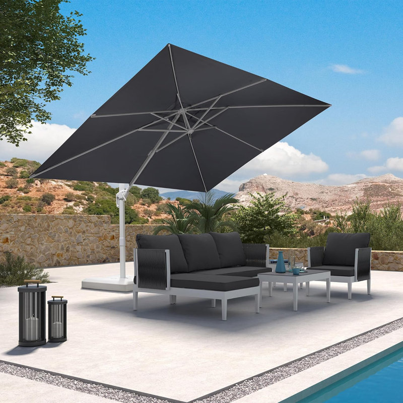 Grand parasol rectangulaire gris pâle en porte-à-faux avec base blanche 9 pi x 11 pi Rossanna, Gris clair