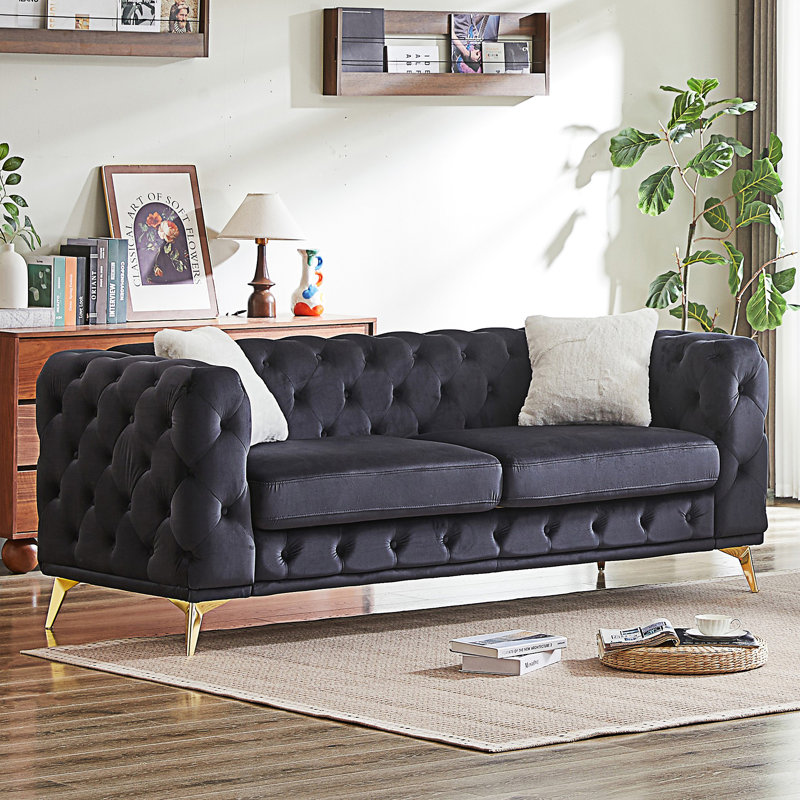 Canapé moderne 3 places avec 2 coussins, Noir