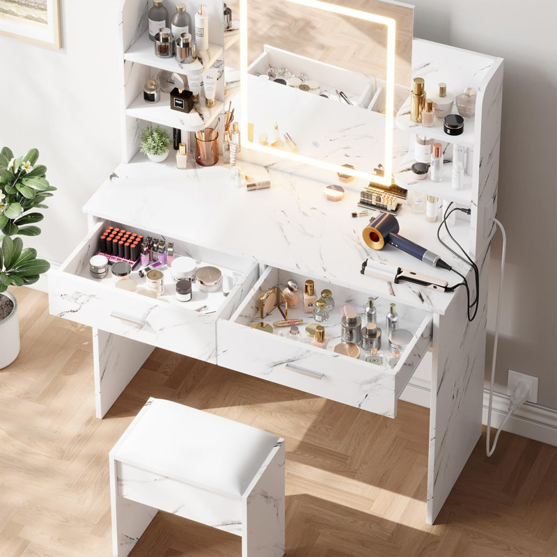  Meuble-lavabo en marbre blanc avec miroir et lumières DEL réglables - 6 tablettes, 2 tiroirs, tabouret rembourré, prise de courant - meuble-lavabo pour chambre ou vestiaire, blanc