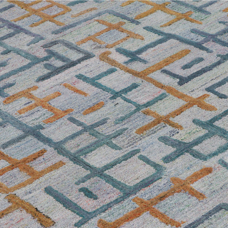 Campbell Hand-Tufted Geometric Indoor/Outdoor Rug Blue/Teal/Orange, Runner 2'6" x 5'