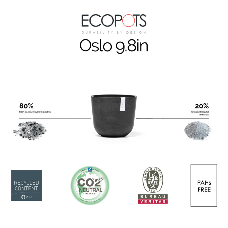 Ecopots Oslo Indoor/Outdoor Modern Recycled Plastic Flower Pot Planter, Dark Gray, 8.5" H x 10" W x 10" D