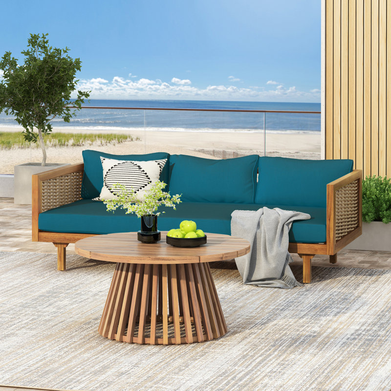 Batesville Patio Wooden Conversation Set With Cushions, Teal, Natural Table