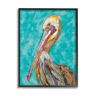 «Bold Pelican Bird Varied Collage Motif Stripes» par Lisa Morales - peinture sur toile à cadre flottant
