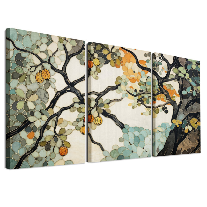 Ensemble de 3 tableaux sur toile représentant un arbre en vitrail turquoise et orange, 24"H x 16"W x 3pcs