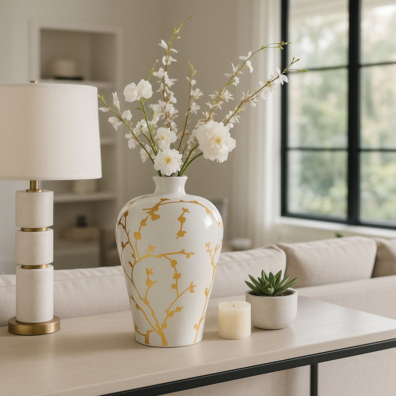 Elegant Floral Ceramic Tall Open Jar for Home Decor Styling - Handcrafted Chinoiserie Table Jar with Metal Detail for Living Room or Entryway Display