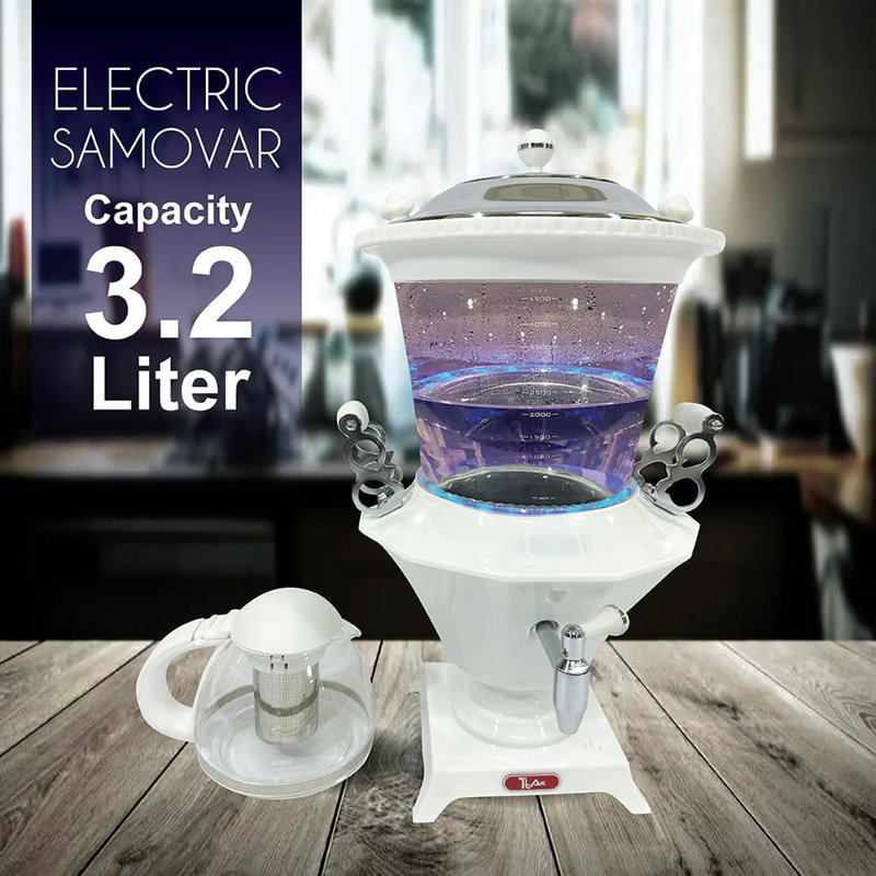 White Electric Glass Samovar with LED Temperature Display