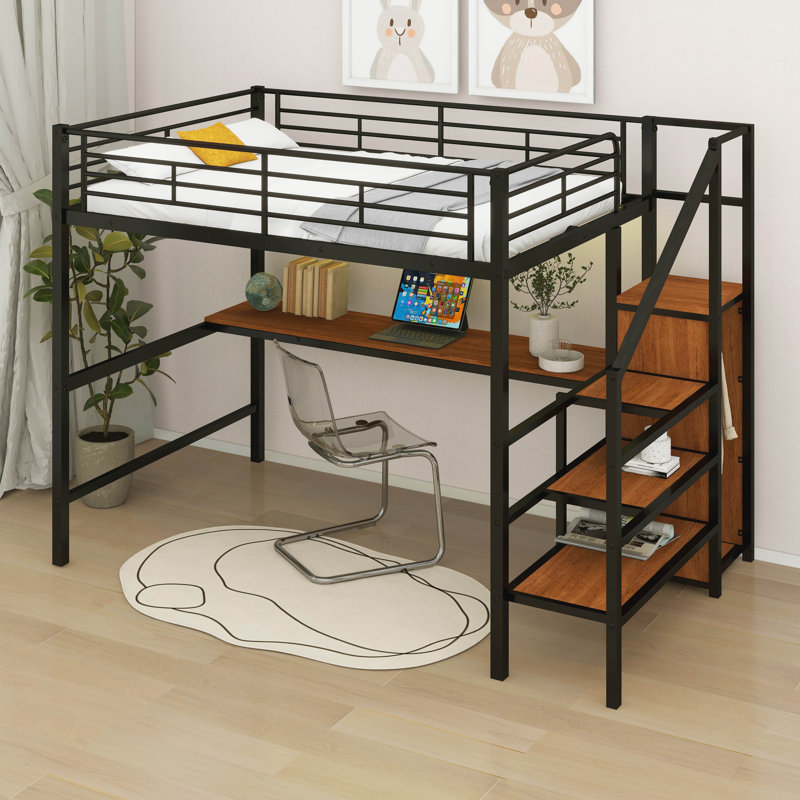 Metal Full Loft Bed With Wardrobe And LED Light, Black
